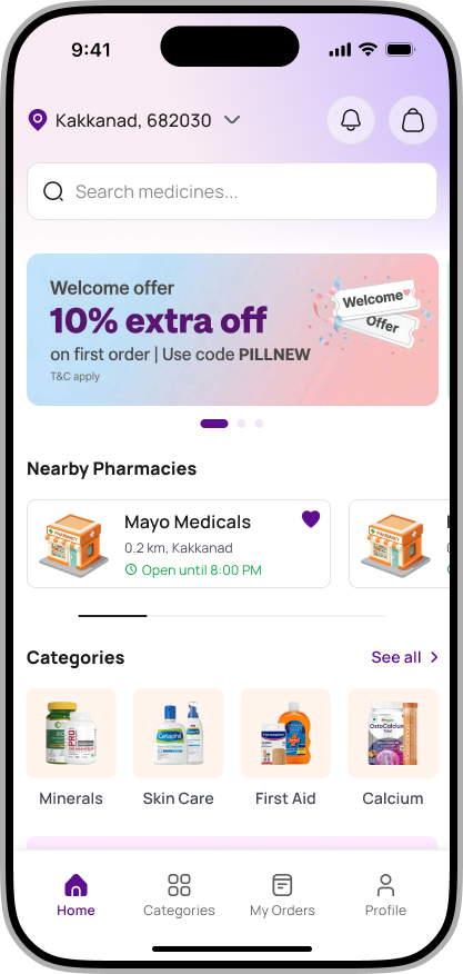 PilMate home screen with medicine search, nearby pharmacies, and categories