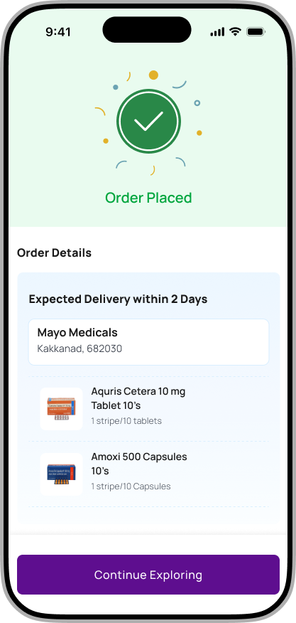PilMate order placed confirmation screen